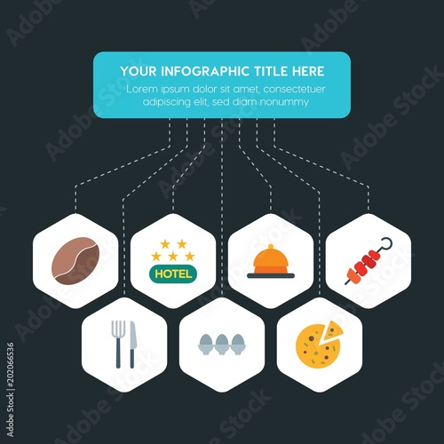Flat geometric food, hotel, drinks infographic steps template with 7 options for presentations, advertising, annual reports