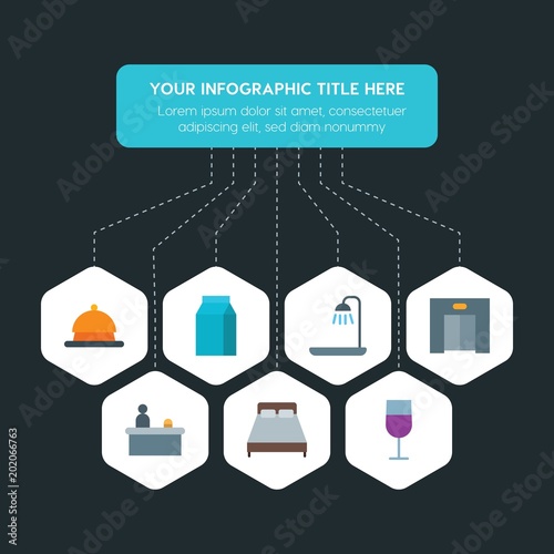 Flat geometric food, hotel, drinks infographic steps template with 7 options for presentations, advertising, annual reports