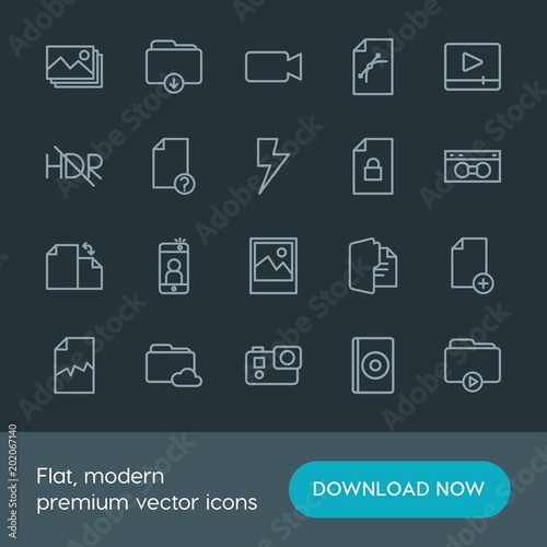 Modern Simple Set of folder, video, photos, files Vector outline Icons. Contains such Icons as camera, image, button, download, selfie and more on dark background. Fully Editable. Pixel Perfect.