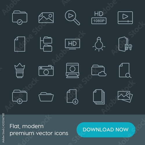 Modern Simple Set of folder, video, photos, files Vector outline Icons. Contains such Icons as  television, player,  folder,  picture,  tv and more on dark background. Fully Editable. Pixel Perfect.