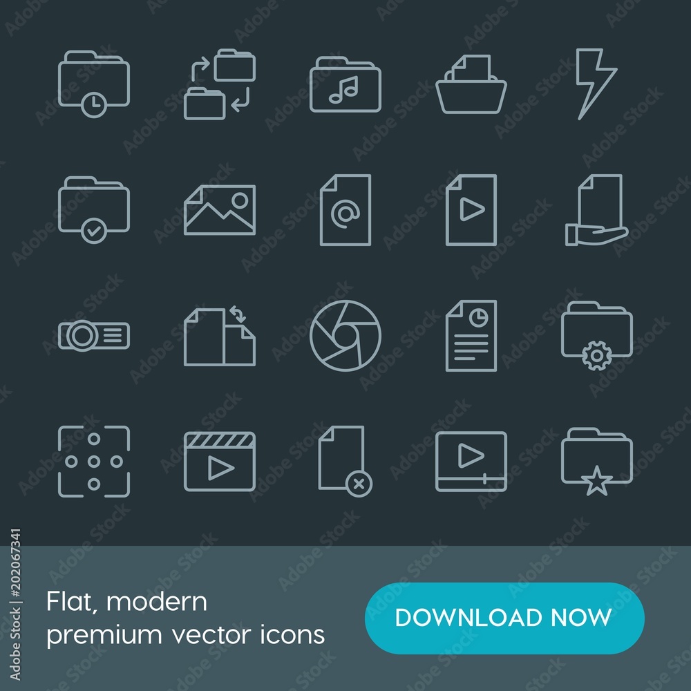 Modern Simple Set of folder, video, photos, files Vector outline Icons. Contains such Icons as folder, gift, document, media, movie and more on dark background. Fully Editable. Pixel Perfect. Modern Simple Set of folder, video, photos, files Vector outline Icons. Contains such Icons as folder, gift, document, media, movie and more on dark background. Fully Editable. Pixel Perfect.