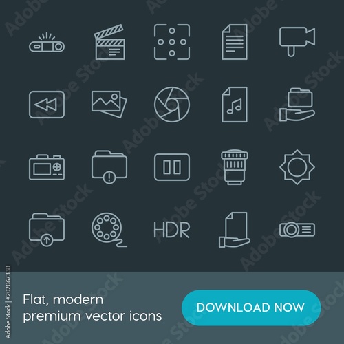 Modern Simple Set of folder, video, photos, files Vector outline Icons. Contains such Icons as entertainment, projection, photography and more on dark background. Fully Editable. Pixel Perfect.