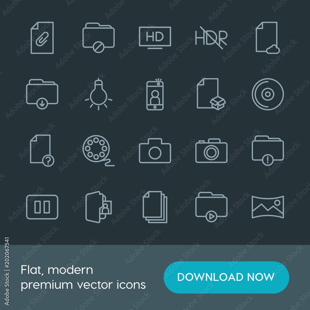 Modern Simple Set of folder, video, photos, files Vector outline Icons. Contains such Icons as scenery, video, business, theater, movie and more on dark background. Fully Editable. Pixel Perfect. Modern Simple Set of folder, video, photos, files Vector outline Icons. Contains such Icons as scenery, video, business, theater, movie and more on dark background. Fully Editable. Pixel Perfect.