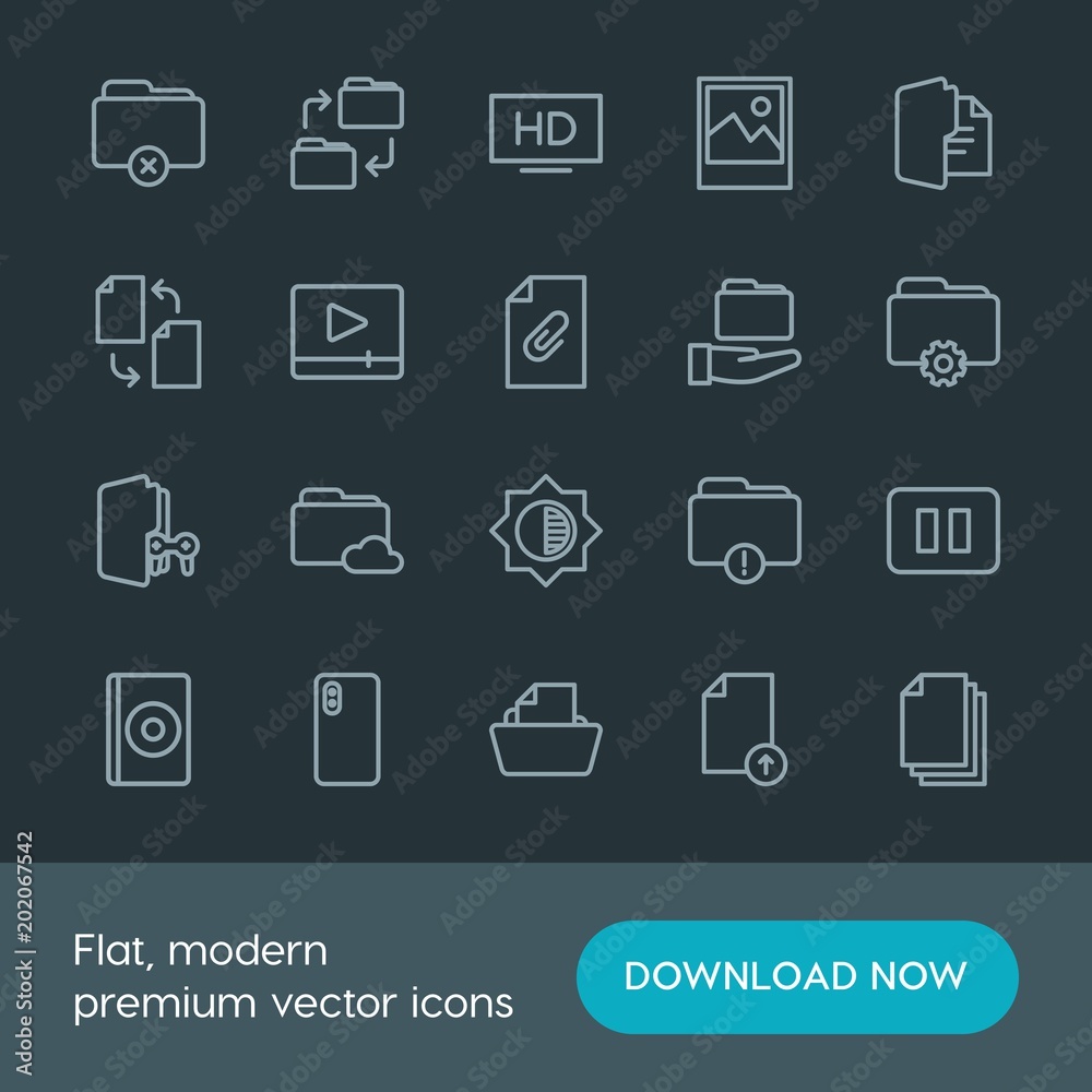 Modern Simple Set of folder, video, photos, files Vector outline Icons. Contains such Icons as device, textile, office, white, storage and more on dark background. Fully Editable. Pixel Perfect. Modern Simple Set of folder, video, photos, files Vector outline Icons. Contains such Icons as device, textile, office, white, storage and more on dark background. Fully Editable. Pixel Perfect.