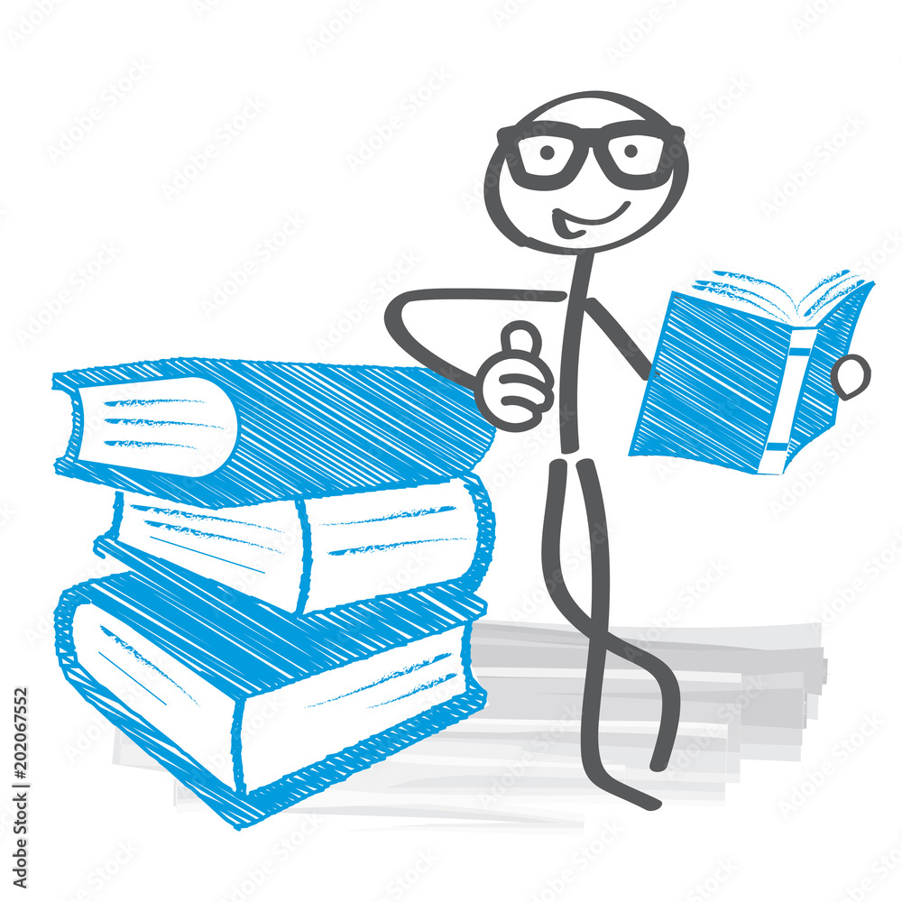 Leser mit Lesebrille und Bücherstapel