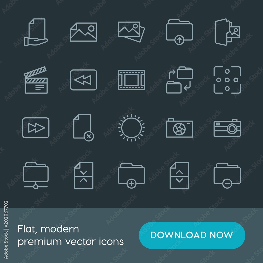 Modern Simple Set of folder, video, photos, files Vector outline Icons. Contains such Icons as film, rewind, office, background, change and more on dark background. Fully Editable. Pixel Perfect. Modern Simple Set of folder, video, photos, files Vector outline Icons. Contains such Icons as film, rewind, office, background, change and more on dark background. Fully Editable. Pixel Perfect.