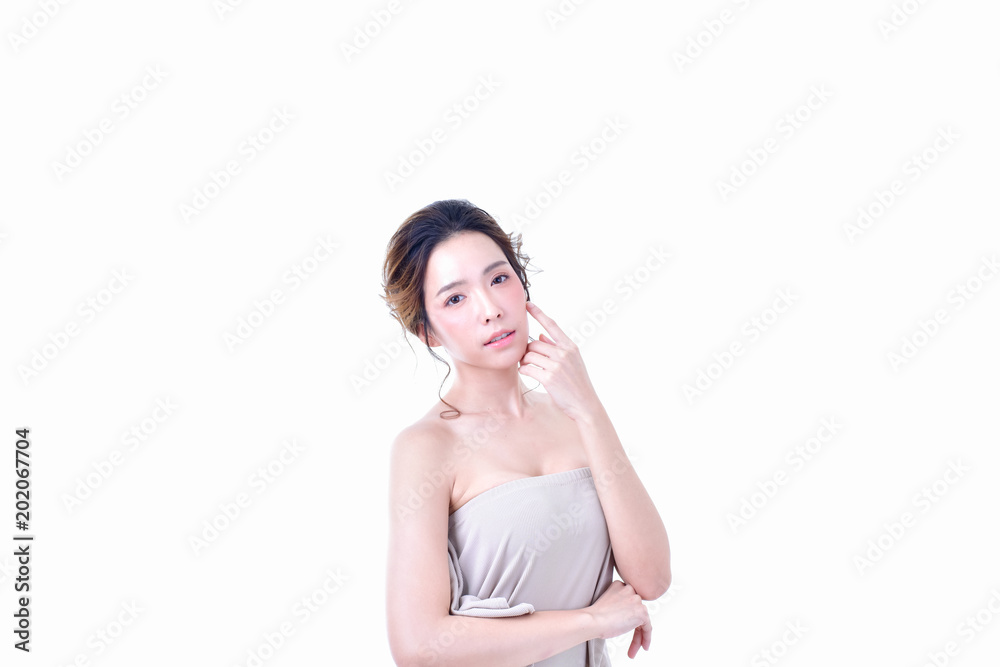 The concept of healthy beautiful woman. Beautiful women keep healthy. Beautiful women take care of skin health. Beautiful girl on white background The concept of healthy beautiful woman. Beautiful women keep healthy. Beautiful women take care of skin health. Beautiful girl on white background