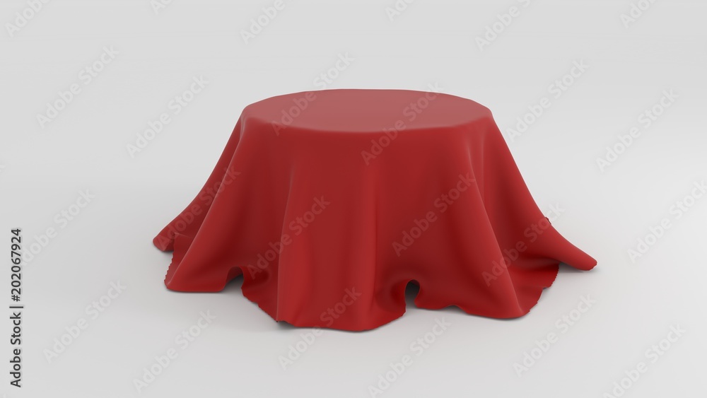 3d illustration of Round table covered with red fabric isolated on white background