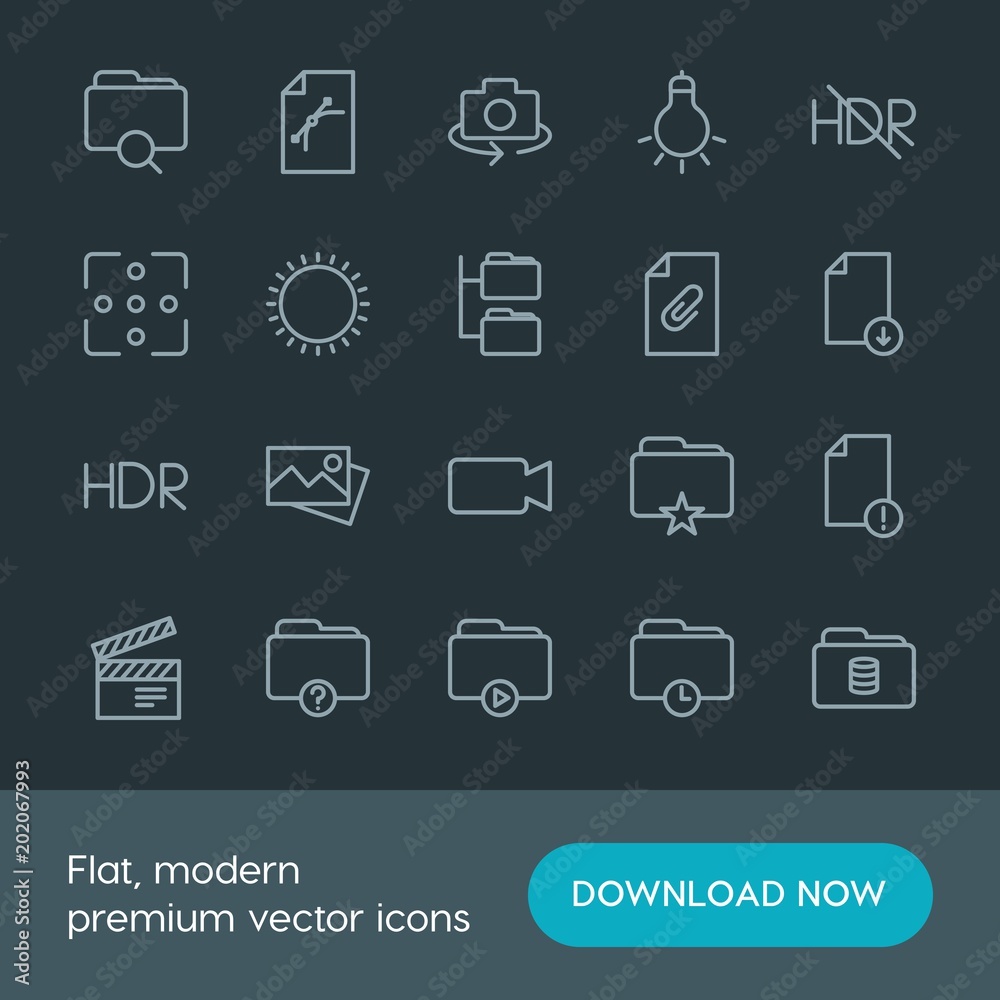 Modern Simple Set of folder, video, photos, files Vector outline Icons. Contains such Icons as lamp, camera, folder, hdr, template, bulb and more on dark background. Fully Editable. Pixel Perfect. Modern Simple Set of folder, video, photos, files Vector outline Icons. Contains such Icons as lamp, camera, folder, hdr, template, bulb and more on dark background. Fully Editable. Pixel Perfect.