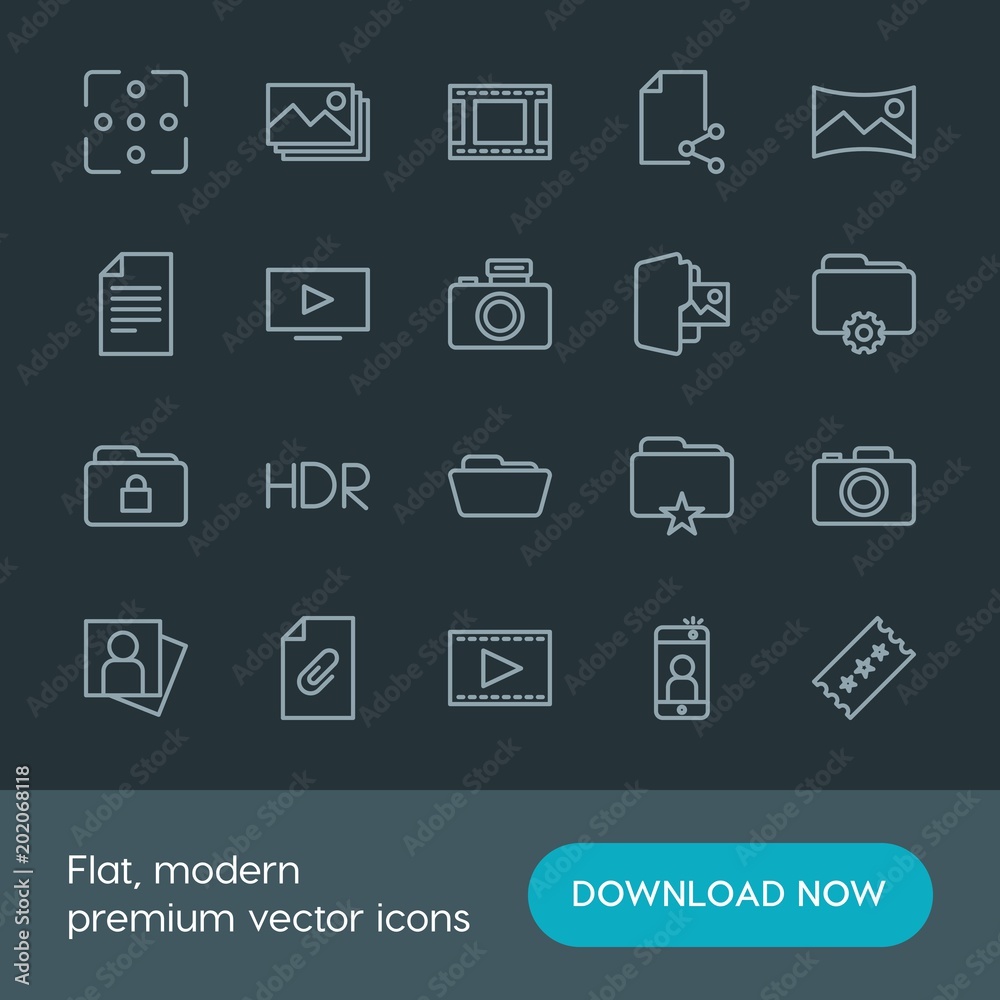 Modern Simple Set of folder, video, photos, files Vector outline Icons. Contains such Icons as image, attach, internet, cinema, camera, hdr and more on dark background. Fully Editable. Pixel Perfect. Modern Simple Set of folder, video, photos, files Vector outline Icons. Contains such Icons as image, attach, internet, cinema, camera, hdr and more on dark background. Fully Editable. Pixel Perfect.