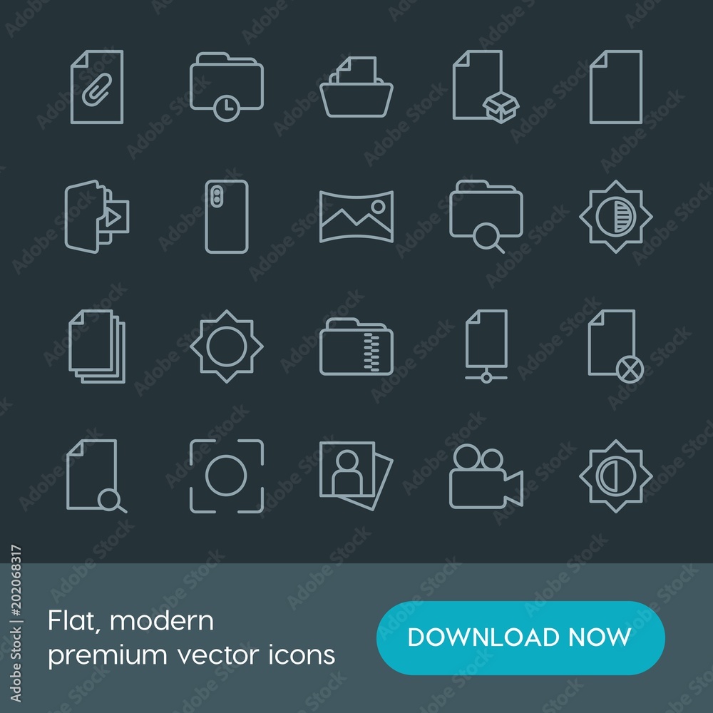 Modern Simple Set of folder, video, photos, files Vector outline Icons. Contains such Icons as  icon,  symbol,  design,  video,  block, file and more on dark background. Fully Editable. Pixel Perfect.