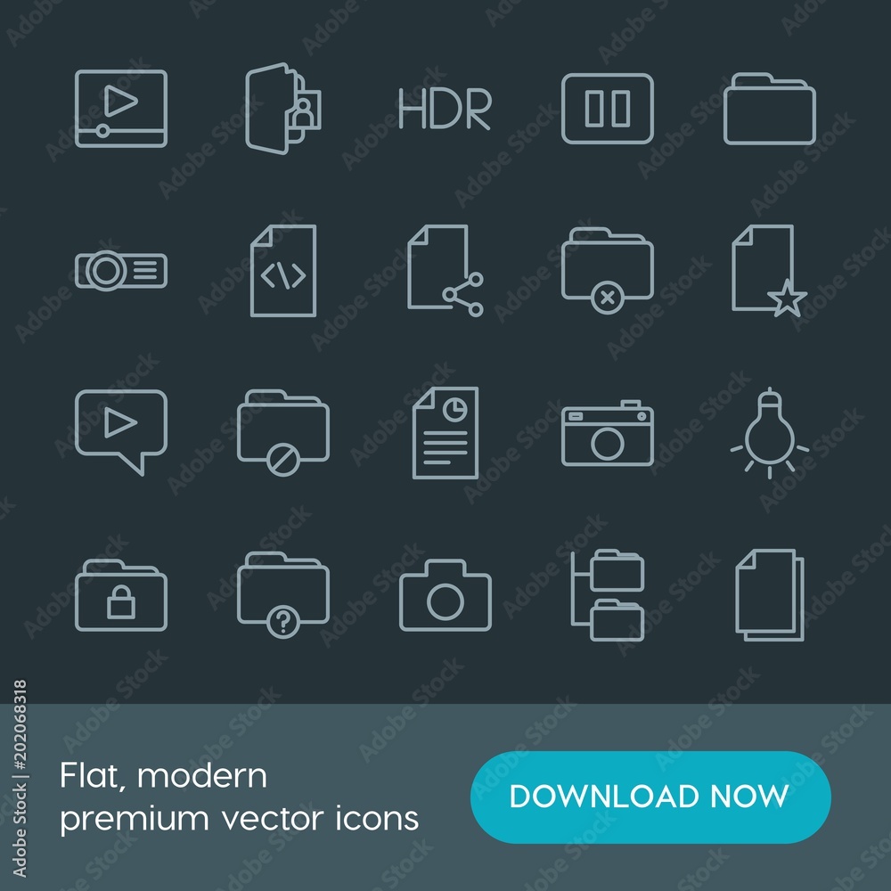 Modern Simple Set of folder, video, photos, files Vector outline Icons. Contains such Icons as system, camera, network, data, media, stop and more on dark background. Fully Editable. Pixel Perfect. Modern Simple Set of folder, video, photos, files Vector outline Icons. Contains such Icons as system, camera, network, data, media, stop and more on dark background. Fully Editable. Pixel Perfect.