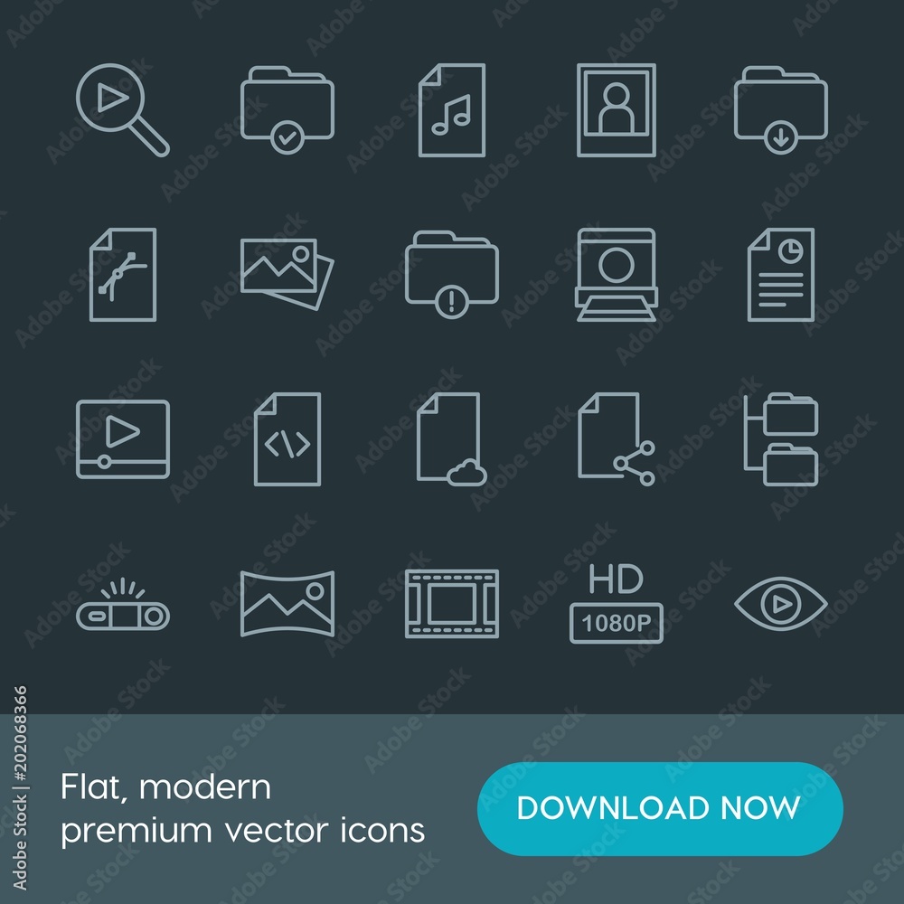 Modern Simple Set of folder, video, photos, files Vector outline Icons. Contains such Icons as system, information, tv, video, document and more on dark background. Fully Editable. Pixel Perfect. Modern Simple Set of folder, video, photos, files Vector outline Icons. Contains such Icons as system, information, tv, video, document and more on dark background. Fully Editable. Pixel Perfect.