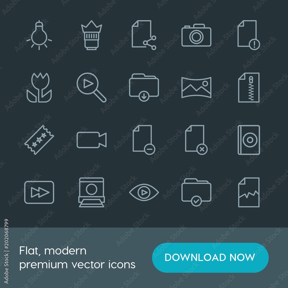 Modern Simple Set of folder, video, photos, files Vector outline Icons. Contains such Icons as  picture,  equipment,  pocket,  television and more on dark background. Fully Editable. Pixel Perfect.