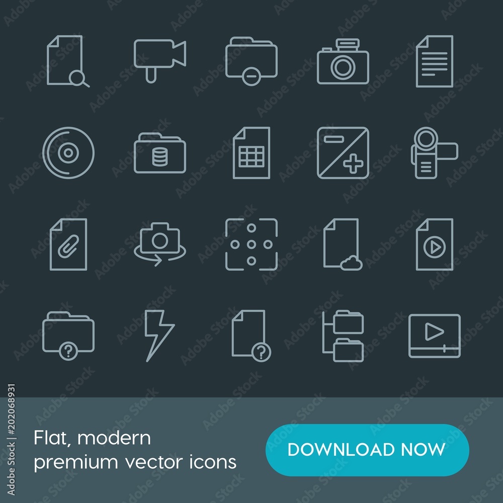 Modern Simple Set of folder, video, photos, files Vector outline Icons. Contains such Icons as  concept,  technology, light,  retro,  web and more on dark background. Fully Editable. Pixel Perfect.