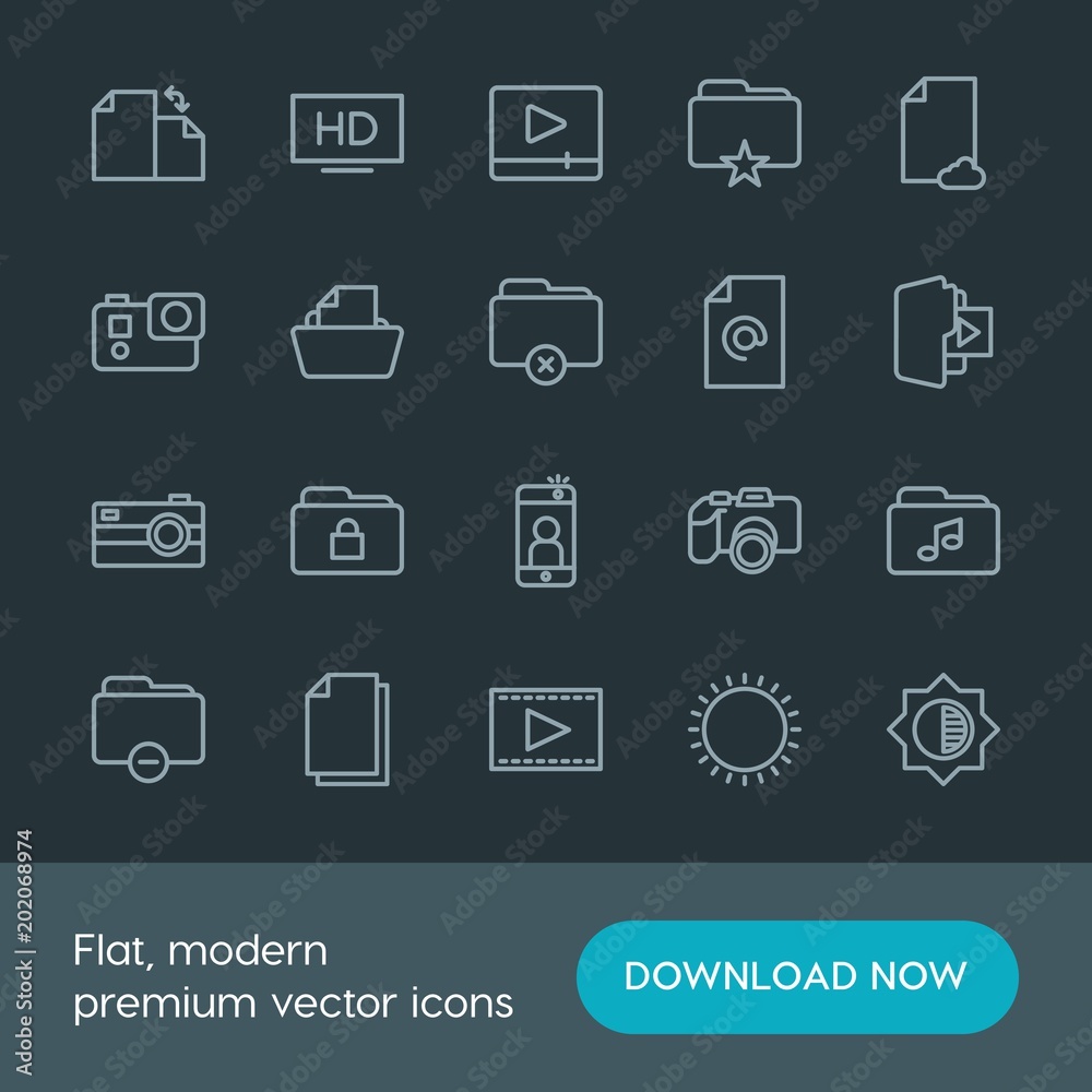 Modern Simple Set of folder, video, photos, files Vector outline Icons. Contains such Icons as photography, background, tv, business, hd and more on dark background. Fully Editable. Pixel Perfect. Modern Simple Set of folder, video, photos, files Vector outline Icons. Contains such Icons as photography, background, tv, business, hd and more on dark background. Fully Editable. Pixel Perfect.