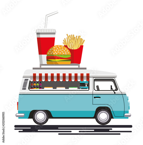 Street fast food machine in a flat style. Fast food truck city car. Fast-food car. Street food truck. Street food car. Food truck street food van. Vector illustration Eps10 file