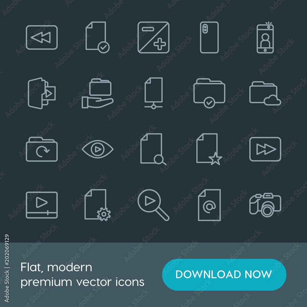 Modern Simple Set of folder, video, photos, files Vector outline Icons. Contains such Icons as scroll, player, phone, symbol, document and more on dark background. Fully Editable. Pixel Perfect. Modern Simple Set of folder, video, photos, files Vector outline Icons. Contains such Icons as scroll, player, phone, symbol, document and more on dark background. Fully Editable. Pixel Perfect.