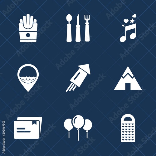 Premium set with fill icons. Such as spoon, potato, festival, decoration, meal, musical, snack, adventure, camp, music, melody, fork, sign, paper, sound, event, french, lunch, file, clef, dinner, fast