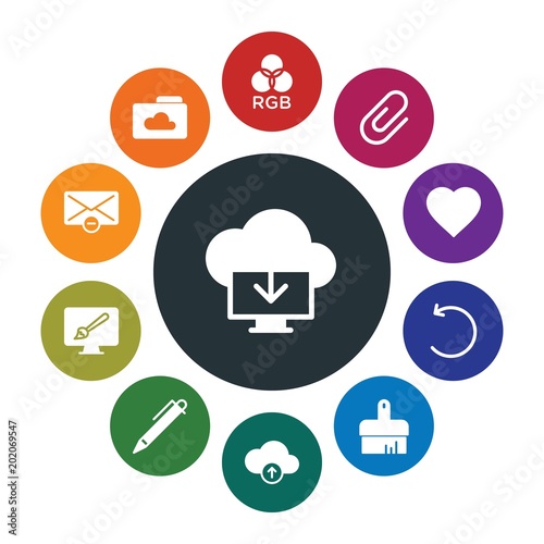 cloud and networking, cursors, design, email Infographic Colorful fill Icons Set. Contains such Icons as  envelope,  arrow,  storage,  email,  folder,  web, rgb and more. Fully Editable. Pixel Perfect
