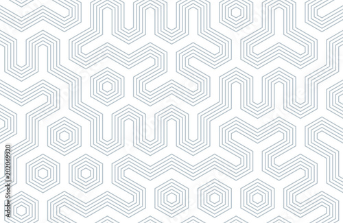 Seamless geometric pattern with hexagons and lines. Irregular structure for fabric print. Monochrome abstract background.