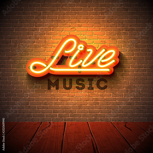 Live music neon sign with 3d signboard letter on brick wall background. Design template for decoration, cover, flyer or promotional party poster. photo