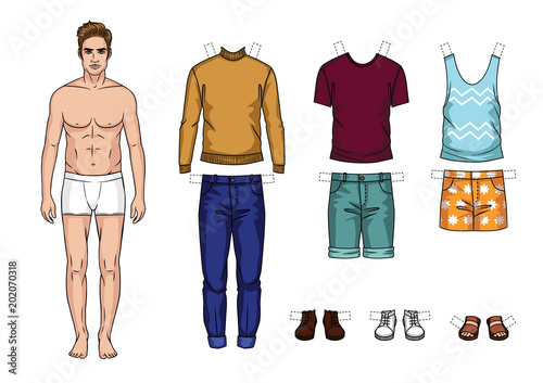 Vector colorful set of fashionable men's outfits isolated from background. Cartoon style guy paper doll with summer clothes