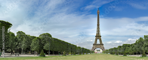 Amazing panorama of Eiffel Tower on Champs de Mars in Paris, France, no people, travel background pano photo