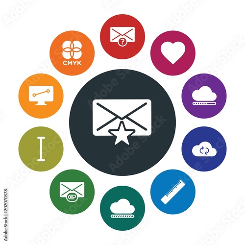 Fototapeta Naklejka Na Ścianę i Meble -  cloud and networking, cursors, design, email Infographic Colorful fill Icons Set. Contains such Icons as  download,  letter, love, ruler,  favorite, cmyk, text and more. Fully Editable. Pixel Perfect