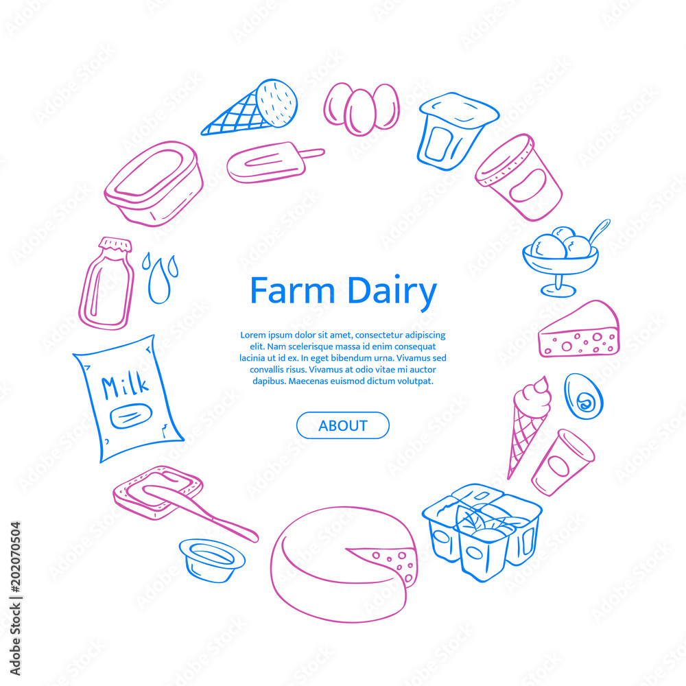 Vector hand drawn dairy elements in round shape with place for text in center isolated on white background illustration Vector hand drawn dairy elements in round shape with place for text in center isolated on white background illustration