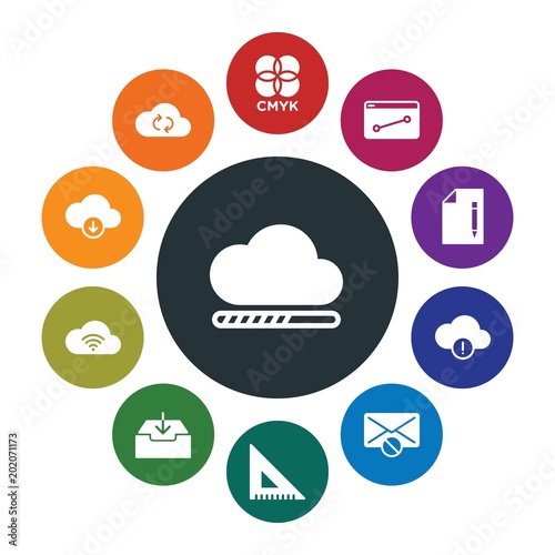 cloud and networking, cursors, design, email Infographic Colorful fill Icons Set. Contains such Icons as data,  cloud,  sync,  e-mail,  print,  connection, cmyk and more. Fully Editable. Pixel Perfect