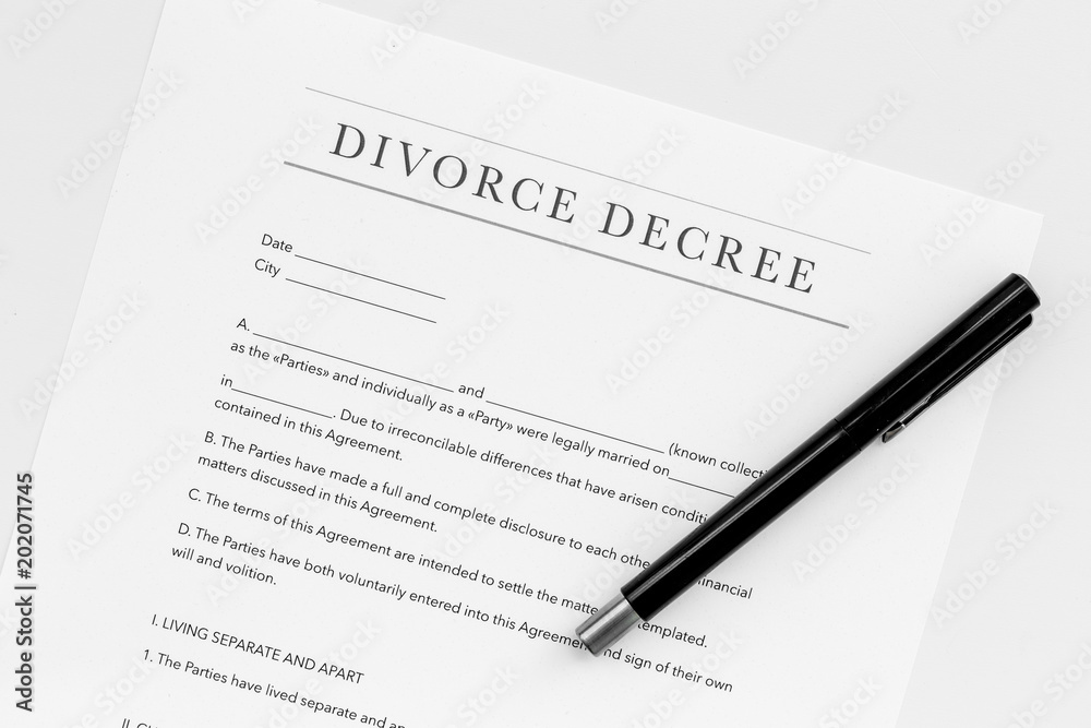 Divorce decree. Document on white backgroud top view Divorce decree. Document on white backgroud top view