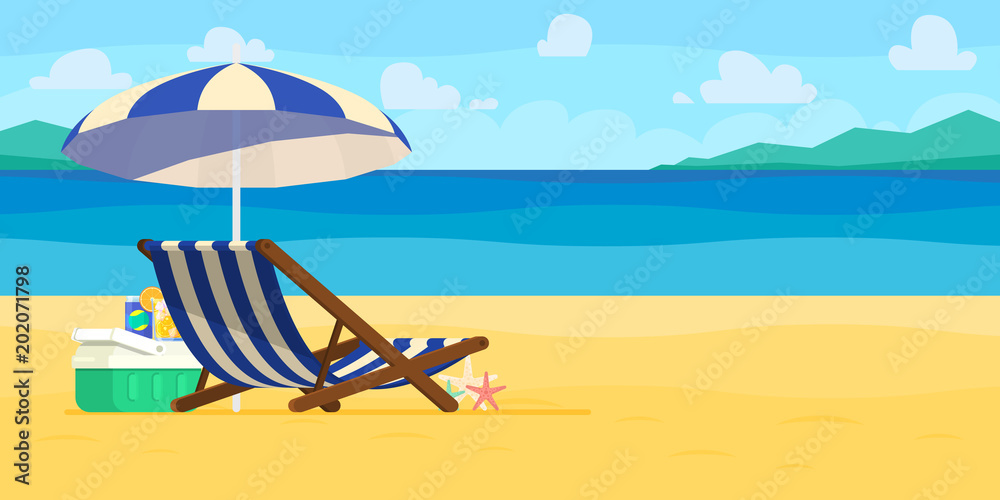 Vacation and travel concept. Beach umbrella, beach chair.