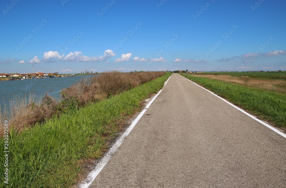 Lonesome road in the region Delta del Po, a natural paradise. An arm of the Po river, Po di Goro, flows into the Adriatic sea. The village Gorino and traditional fishery. Italy, Europe.