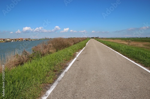 Lonesome road in the region Delta del Po  a natural paradise. An arm of the Po river  Po di Goro  flows into the Adriatic sea. The village Gorino and traditional fishery. Italy  Europe.