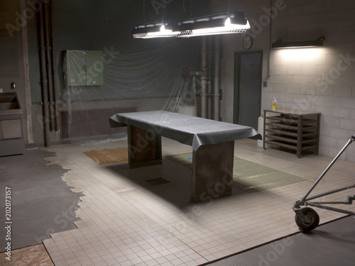 Slab bench with overhead light in windowless room