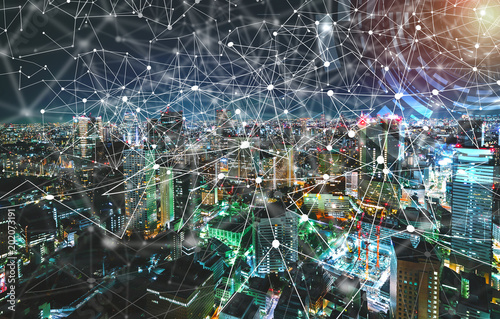 Photography Digital Tech Circle with aerial view of Tokyo, Japan at night