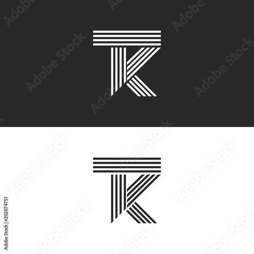 Logo TK letters monogram linear style, combination overlapping two letters T and K . Black and white parallel lines KT minimal style emblem logotype design template.