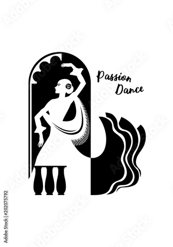 Black graphic cartoon drawing of a beautiful Spanish flamenco dancer on the background of the old Castilian architecture. Silhouette, engraved, illustration, vector, isolated on background.