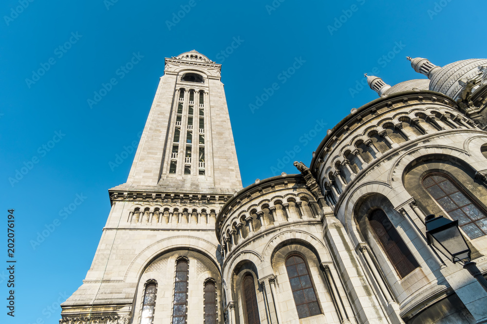 The Sacre Coeur basilica bell tower from the rear in Montmare, Paris, France
