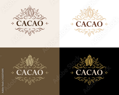 Fine flourish luxury calligraphic cacao emblem, design, template, label. Vector vintage cacao logo (symbol) for cafe, restaurant, shop, print.
