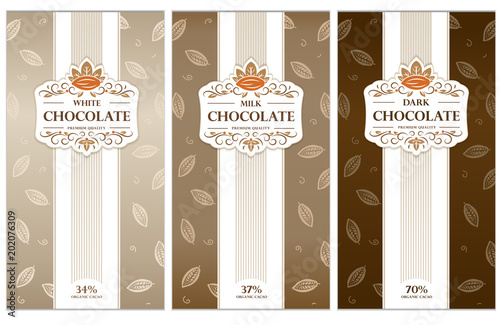 Dark, milk and white chocolate bar design. Elegant chocolate vector packaging. Trendy  product branding template with label.