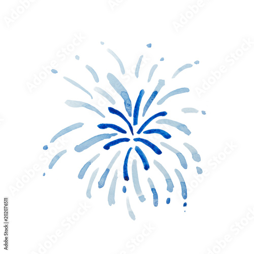 Blue fireworks isolated on white background, painted in watercolor.