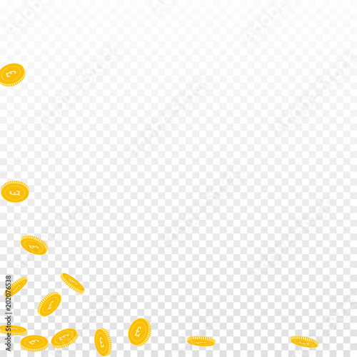 British pound coins falling. Scattered sparse GBP coins on transparent background. Alluring abstract left bottom corner vector illustration. Jackpot or success concept.