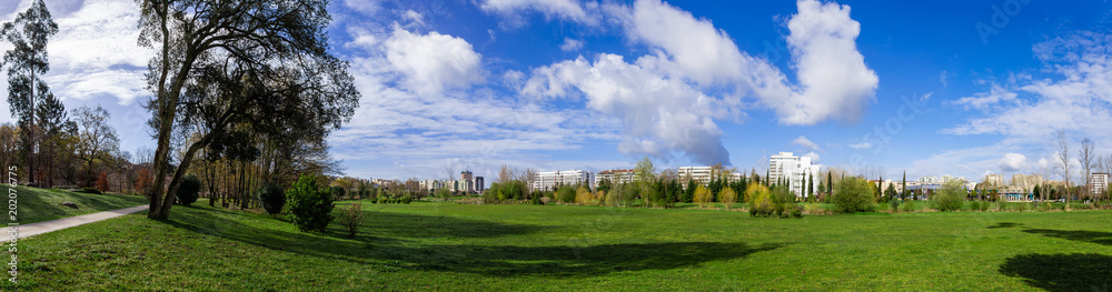 Panorama of a large empty green grass lawn field, with a view of the city in Parque da Devesa Urban Park. Blue sky with large white clouds. Vila Nova de Famalicao, Portugal