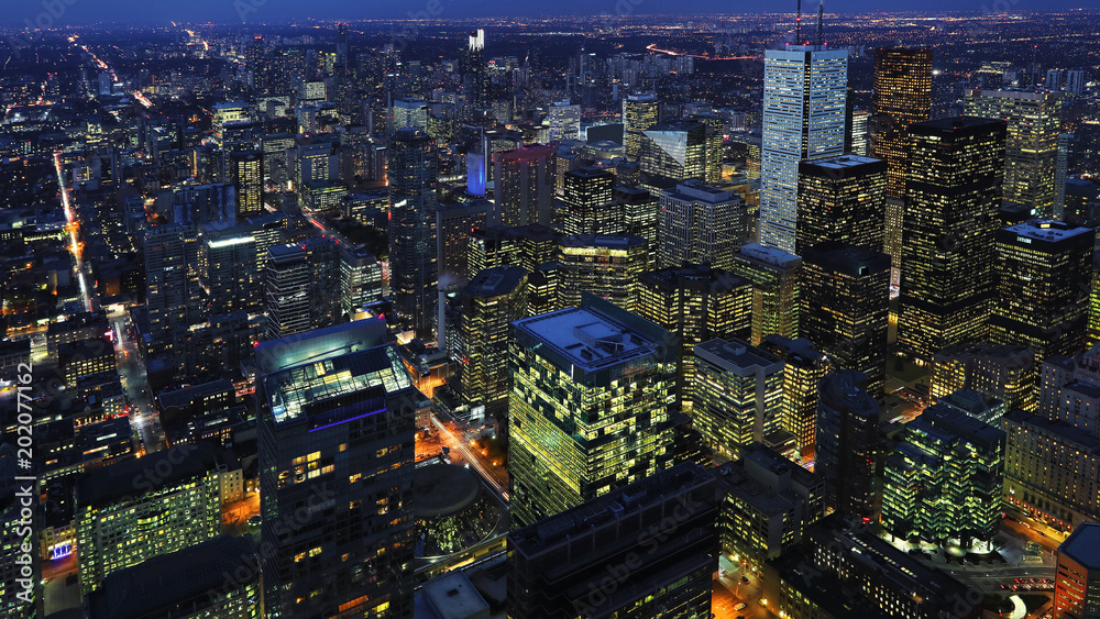 Naklejka premium Aerial of downtown Toronto, Canada city center at night