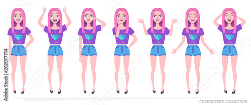Fototapeta Naklejka Na Ścianę i Meble -  Girl teenager in fashionable clothes ultra violet colors. Set of emotions and gestures to the young teenager. Girl in a different mood. Childrens emotions