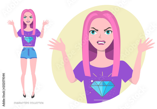 Angry Girl teenager in fashionable clothes ultra violet colors.