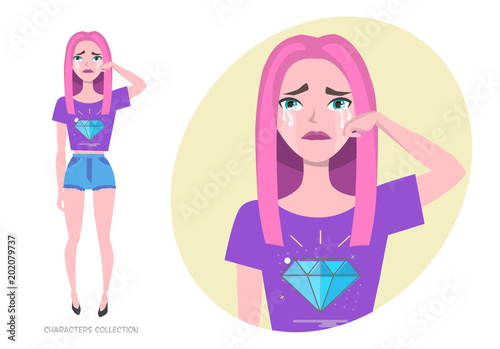 Crying Girl teenager in fashionable clothes ultra violet colors wipe tears from her face