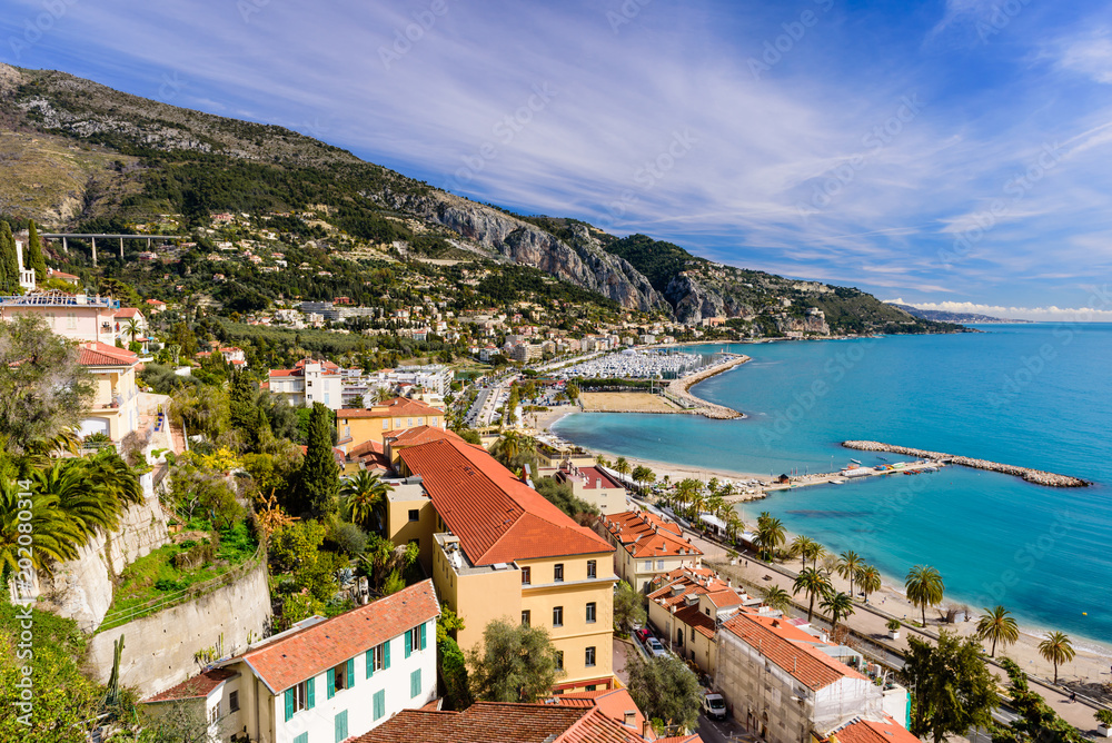 Beautiful aerial view of the coastline. French Riviera, Cote d'azur, Menton city, France